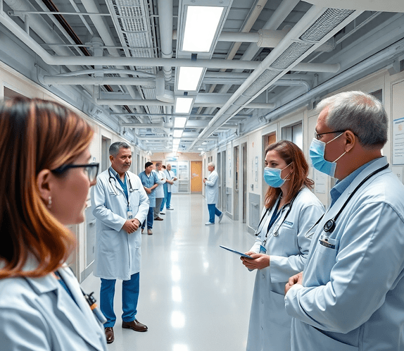 Clinicians in a hospital corridor