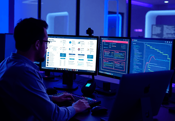 Engineers at work on a software program